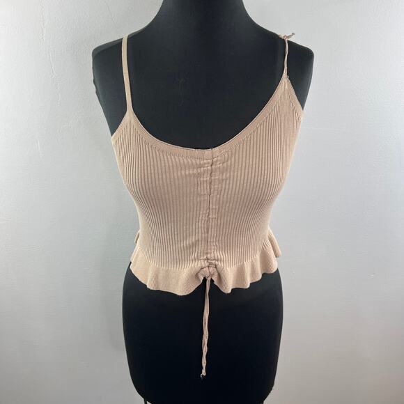 Thinkable Beige Cropped Cami Top Knit Tie Front Ribbed Strap Ruffle Hem XS? - Picture 3 of 9